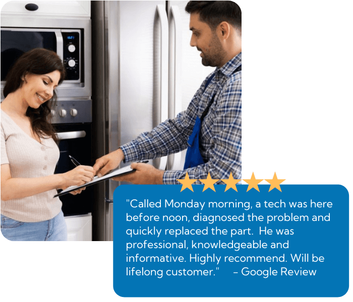 An AC repair technician giving an estimate with a testimonial stating "I called Monday morning, a tech was here before noon, diagnosed the problem and quickly replaced the part. He was professional, knowledgeable and informative. Highly recommend. Will be a lifelong customer."