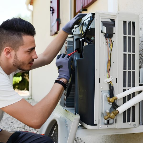 An AC repair technician fixing an outdoor air conditioning unit.