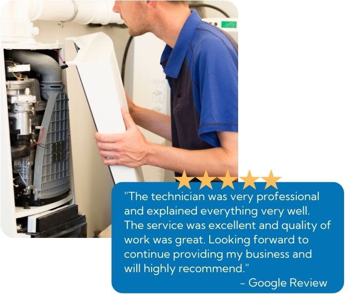 A precision Air hvac tech servicing a customers furnace with a review bade stating :The technician was very professional and explained everything very well. The service was excellent and the quality of work was great. Looking forward to continue providing my business and will highly recommend."