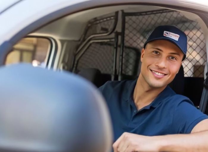 A precision air technician driving a work van and smiling