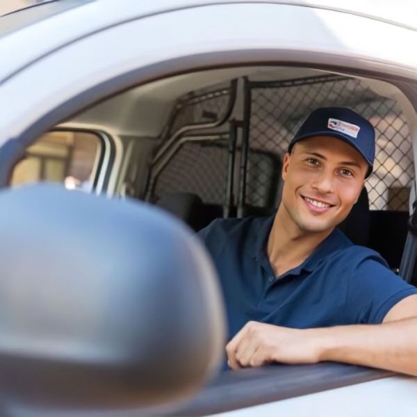 A precision air technician driving a work van and smiling