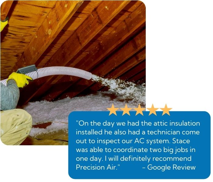 A precision air insulation tech blowing insulation into an attic space with a testimonial that states :On the day we had attic insulation installed he also had a technician come out to inspect our AC system. Stace was able to coordinate two big jobs in one day. I will definitely recommend Precision Air"