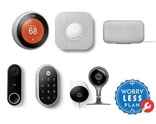 A google nest thermostat, carbon monoxide alarm, google home mini, doorbell, keyless door lock, wifi router, and 2 home monitoring cameras for indoor and outdoor