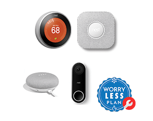A google nest thermostat, carbon monoxide alarm, google home mini and doorbell