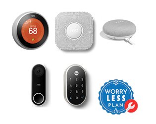 A google nest thermostat, carbon monoxide alarm, google home mini, doorbell and keyless door lock