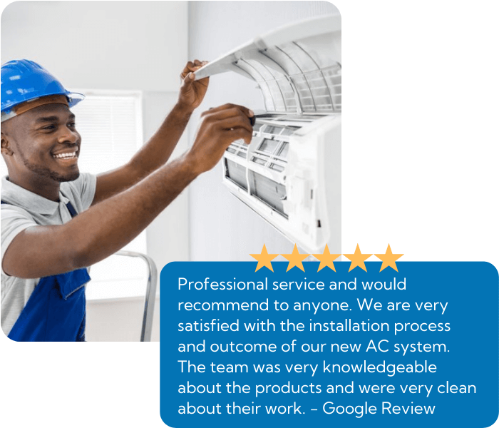 An ac technician installing a wall mounted ptac unit with a customer testimonial stating "Professional service and would recommend to anyone. We are very satisfied with the installation process and outcome of our new AC system. The team was very knowledgeable about the products and were very clean about their work."