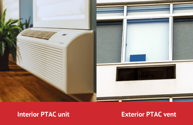 An outside and inside view of a ptac air conditioner installation